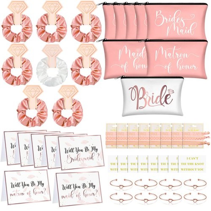 63 Pcs Bridesmaid Proposal Gifts Bulk Maid of Honor Gifts Matron of Honor Gifts Brides Bridesmaid Cosmetic Makeup Bag Hair Knotted Bracelets Invitation Cards for Wedding Bachelorette (Dreaming Style)