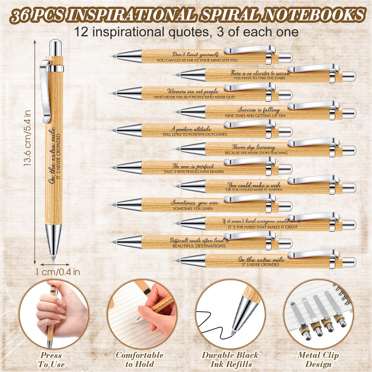 Geyoga 36 Sets End of Year Teacher Appreciation Gifts Bulk, Motivational Notebooks with Bamboo Pens, Inspirational Spiral Kraft Journal Set Thank You Gifts for Teacher Nurse Volunteer Team
