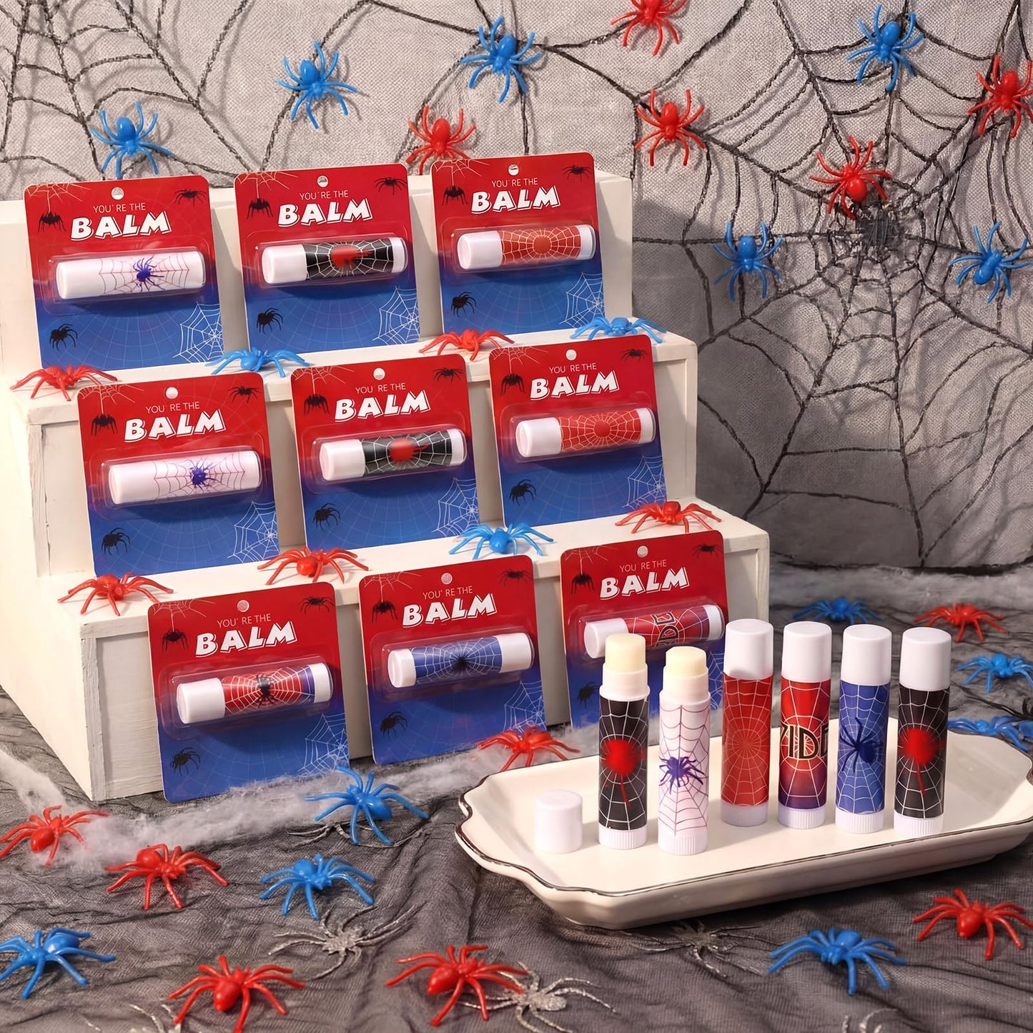Qunclay 24 Pack Spider Lip Balm Party Favors Bulk Cobweb Themed Mint Lip Balm with Backing Cards, Birthday Goodie Bag Stuffers Summer Halloween Party Supplies for Boys Girls