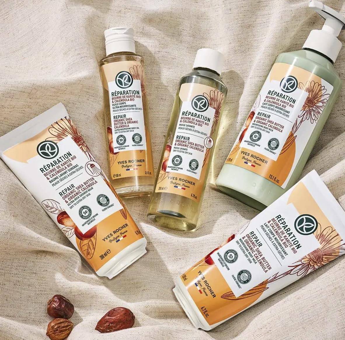Yves Rocher Nourishing Body Lotion Repair Organic Shea Butter & Calendula Restorative Body Milk Set of 2 All skin types 200 ml. / 6.7 fl.oz.