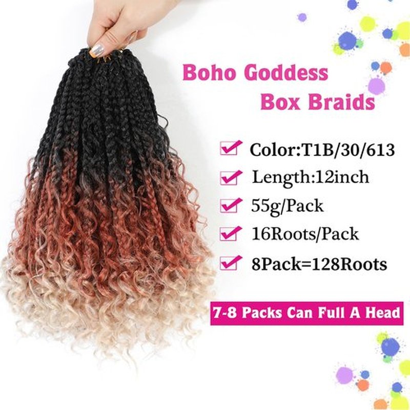 12inch Goddess Box Braids Crochet Hair Box Braids Crochet Hair For Black Women Pre Looped Crochet Hair with Curly Ends Bohemian Crochet Box Braids Crochet Hair(12inch(Pack of 8), 1B/30/613)