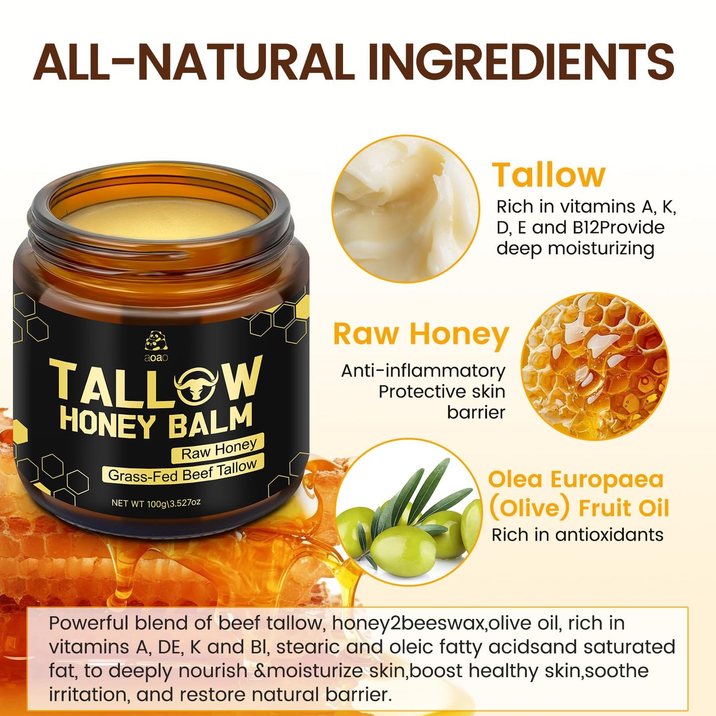 Tallow Honey Balm for Face & Body, Moisturizer with Organic Grass-Fed Beef Tallow & Raw Wild Honey, Not Diluted, Natural Hydration, Soothes & Nourishes Dry, Sensitive, Cracked Skin (Tallow Honey_1)