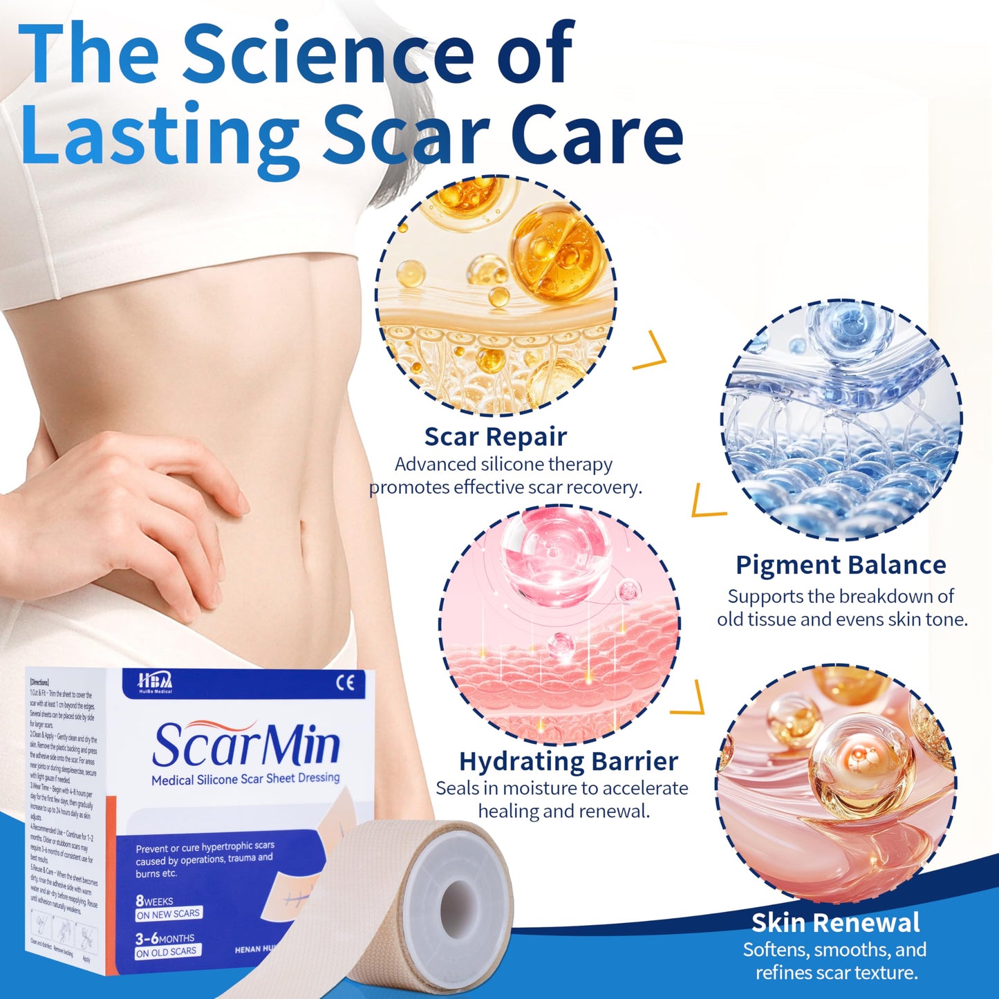 HBM Medical Grade Silicone Scar Tape, Scar Silicone Strips,Silicone Scar Sheets for Surgical Scars, C-Section, Keloid, Burn, Acne, Reusable Scar Removal Tape for Old & New Scars (4 x 150 cm)