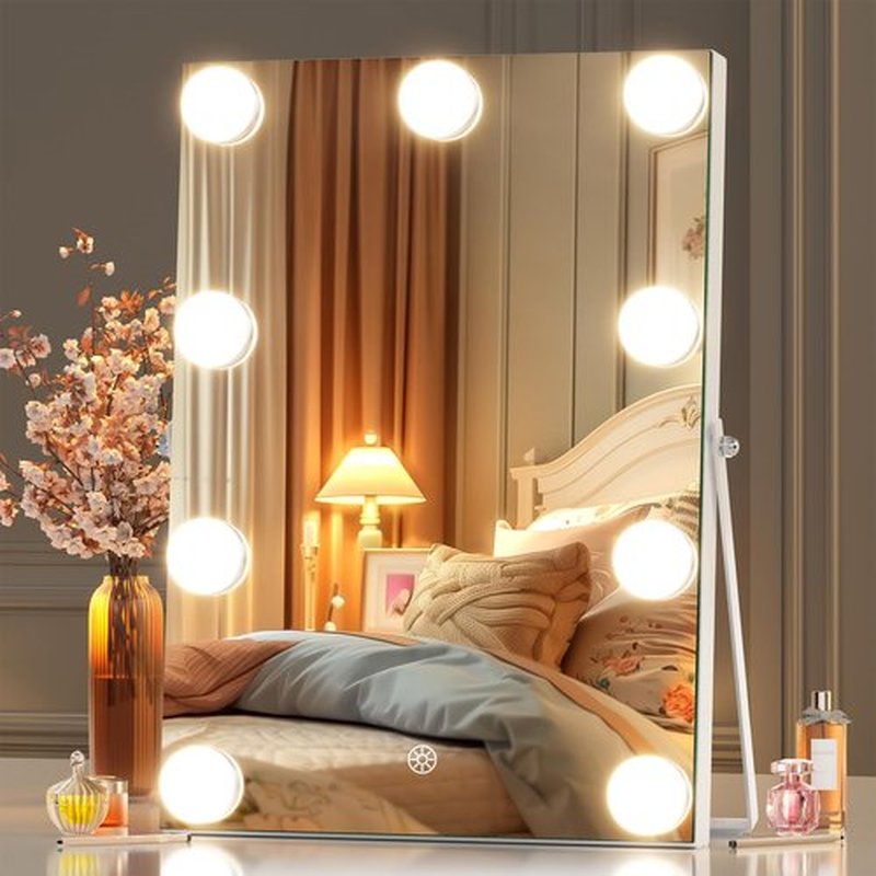 Hasipu Vanity Mirror with Lights, 9.8" x 13.8" Hollywood Mirror, Makeup Mirror with 9 Dimmable Bulbs, Smart Touch 3 Colors Dimmable, 360° Rotation, White