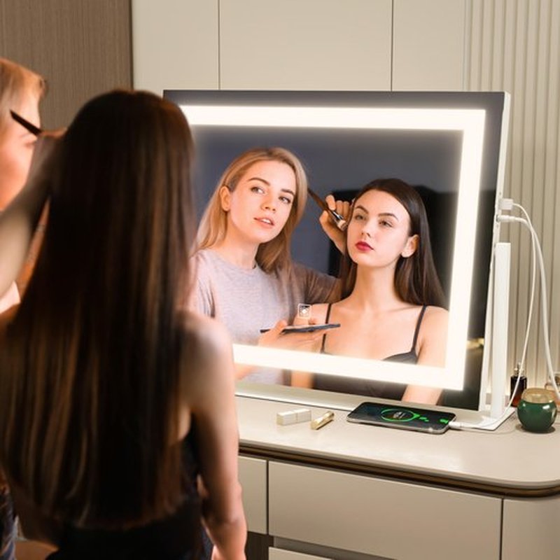FENNIO Vanity Mirror with Lights 22''x18'' Makeup Mirror with Lights,Lighted Makeup Mirror with 10X Magnification and USB，Smart Touch Screen with 3-Color Lighting,Dimmable（Square White）
