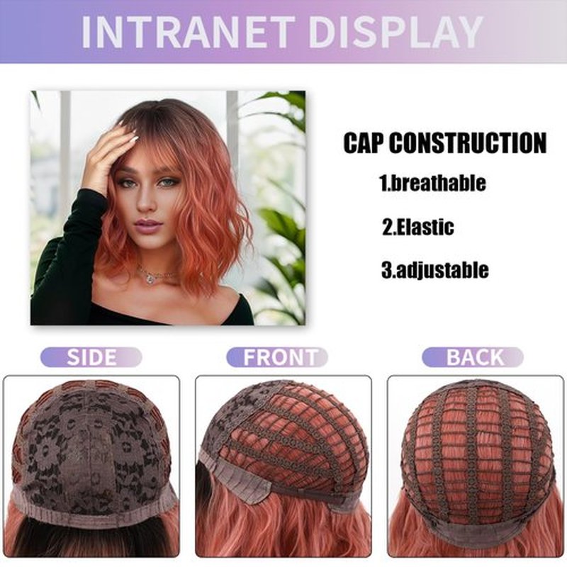 MUPUL Ombre Pink Wig Short Body Wavy Bob Wigs for Women With Bangs Shoulder Length Synthetic Cosplay Party Wig for Girls Daily Use Colorful Wigs