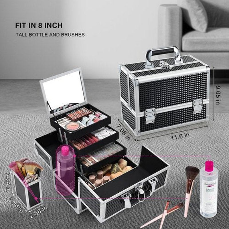 Joligrace Makeup Box Organizer Large Makeup Case 3-Tray with Mirror Carrying Make-up Train Case with Brush Holder Locking Portable Cosmetic Travel Storage Shiny Black