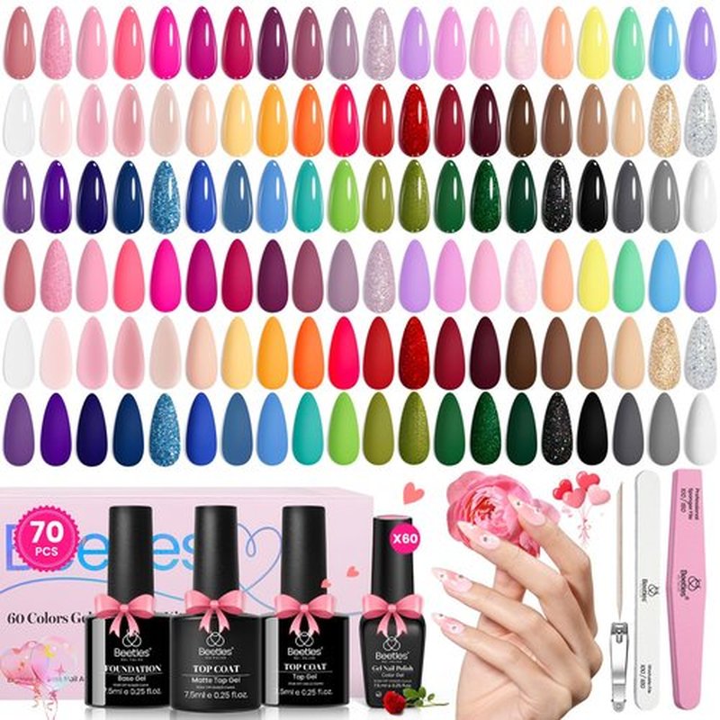 Beetles Gel Nail Polish Set, 70 PCS 60 Colors Red Green Pink Brown Blue Nude Pastel Glitter Gel Nail Polish Kit with Base Glossy & Matte Top Coat Gel Polish Manicure Spring Valentines Gifts for Women