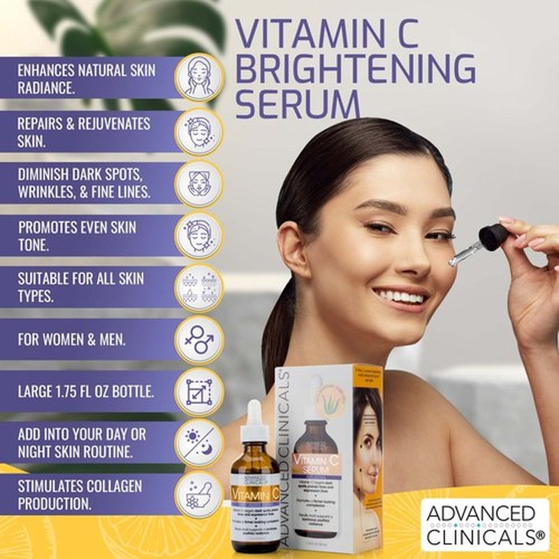Advanced Clinicals Vitamin C Facial Serum Skin Care Anti-Aging Moisturizer Potent Vitamin C Face Lotion For Dry Skin, Age Spots, Wrinkle Repair, & Uneven Skin Tone, 1.75 Fl Oz (Pack of 2)
