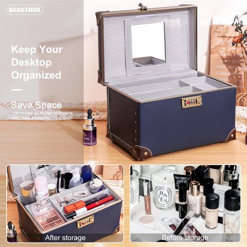 urecity Portable Retro Leather Makeup Train Case Cosmetic Organizer Case Leather Storage Box with Combination Lock (12.5", Retro Blue)