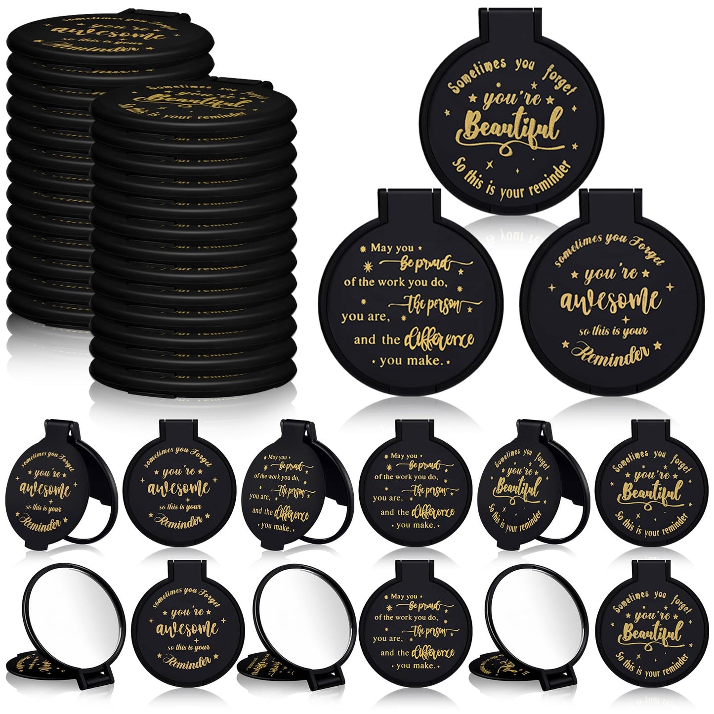 Wenqik 100 Pcs Inspirational Mini Compact Mirrors Bulk, Women Small Gifts Bulk, Group Team Party Favors, Mini Pocket Purse Mirror for Travel, Client, Guest, Wedding, Birthday, Cheerleader (Black)