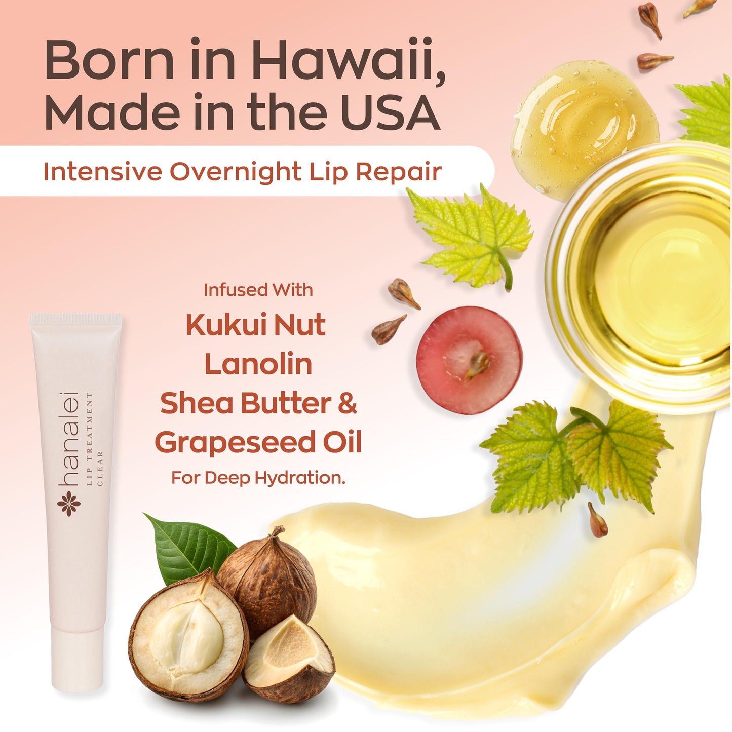 Hanalei Lip Treatment for Dry, Chapped Lips – Intensive Overnight Moisturizer with Kukui Oil, Shea Butter & Grapeseed Oil – Hydrating Balm for Healing Cracks – Mauve Pink Tint, 15g – Cruelty-Free