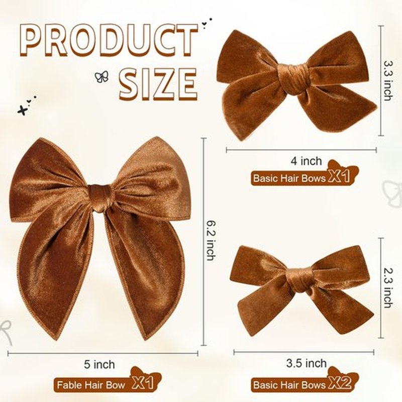 DEEKA 4 PCS Orange Brown Velvet Hair Bows 3 Styles 5" & 4" Handmade Hair Bow set for Toddler Girls Alligator Hair Clips Knot Bows Hair Accessories for Little School Girls (Orange Brown)