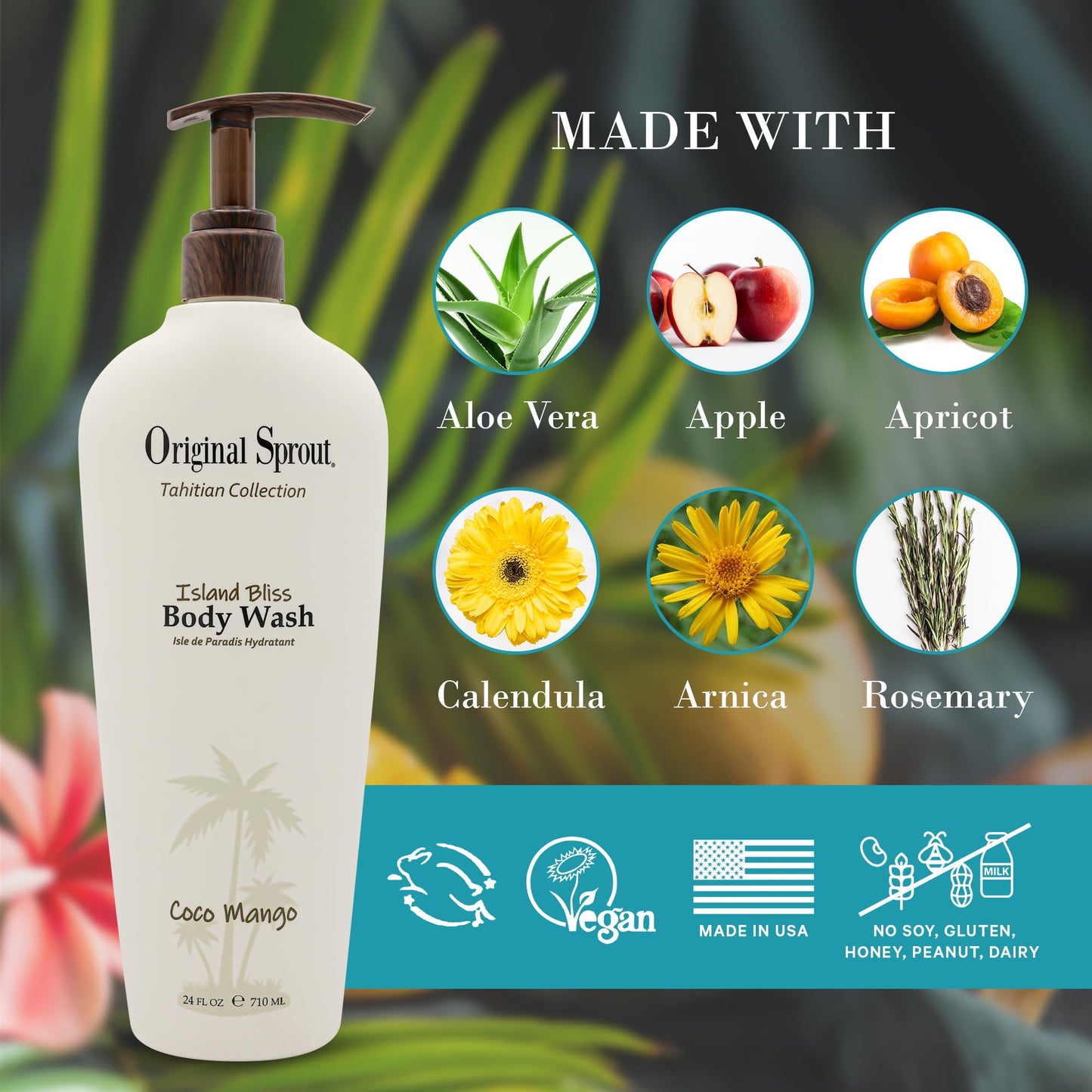 Original Sprout Island Bliss Moisturizing Body Wash for All Skin Types Including Sensitive & Dry Skin, Hydrating Body Wash with Calendula & Rosemary Extracts, Sulfate Free, Coco Mango Scent, 24 fl oz