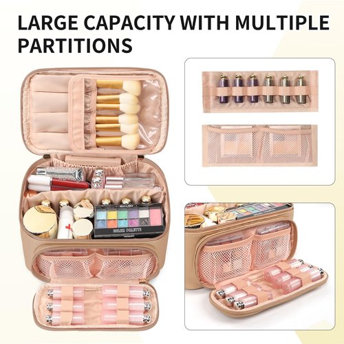 OCHEAL Makeup Bag, Multifunctional Make Up Bags Large Compact Makeup Bag Organizer Cosmetics Toiletry Brushes Storage Case for Women Girls Makeup Case with Handle Divider-Beige Apricot