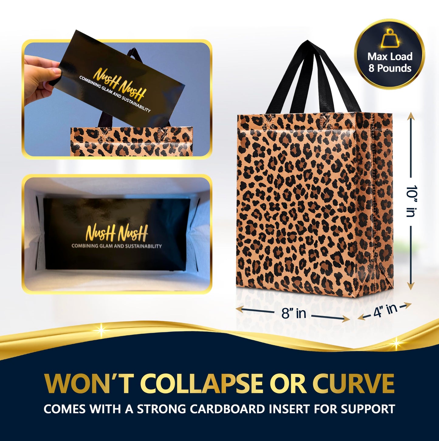 Nush Nush Leopard Gift Bags Medium Size– Set of 12 Cheetah Gift Bags With Handles - Reusable Goodie Bag for Animal Print Party, Safari Party Favors, Jungle Theme Birthday - 8x4x10 Size