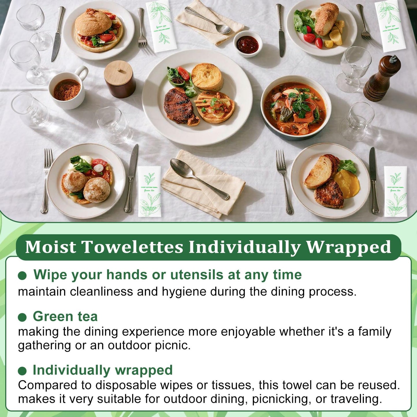 Moist Cotton Towel Bulk Moist Towelettes Individually Wrapped,White Towel Services,Refreshment Pre Moistened Towels for Dentist Travel Sport Party Hotel 100，Green tea