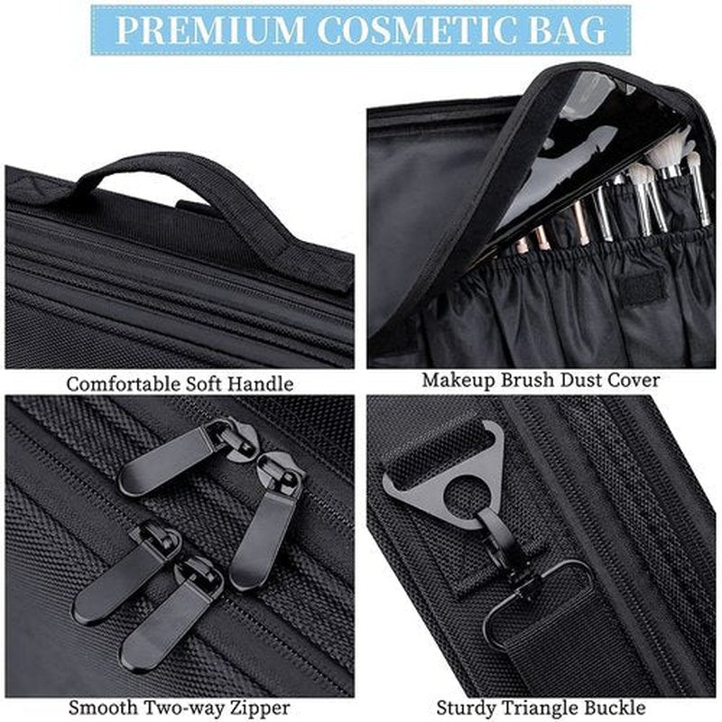 JOURMON Makeup Case 3 Layers Travel Makeup Train Case Crocodile Makeup Bag Organizer Portable Artist Storage Bag with Adjustable Dividers and Shoulder Strap（Black, M）