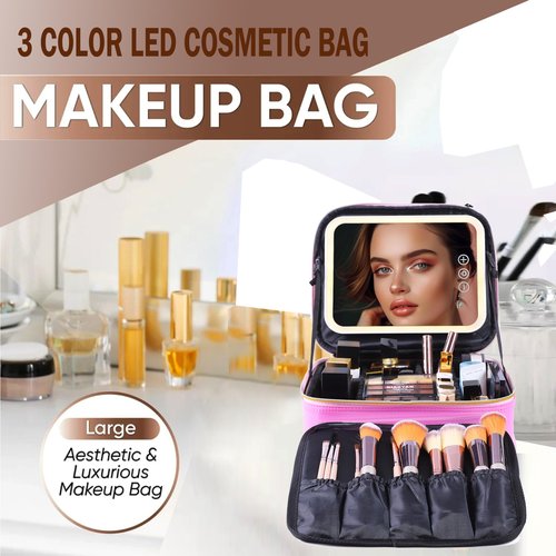 Makeup Travel Train Case with Mirror, LED Light, 3 Adjustable Brightness Levels, Cosmetic Bag with Handle, Portable Storage, Adjustable Partition, Waterproof, Monogrammed Gift Makeup Bag for Women