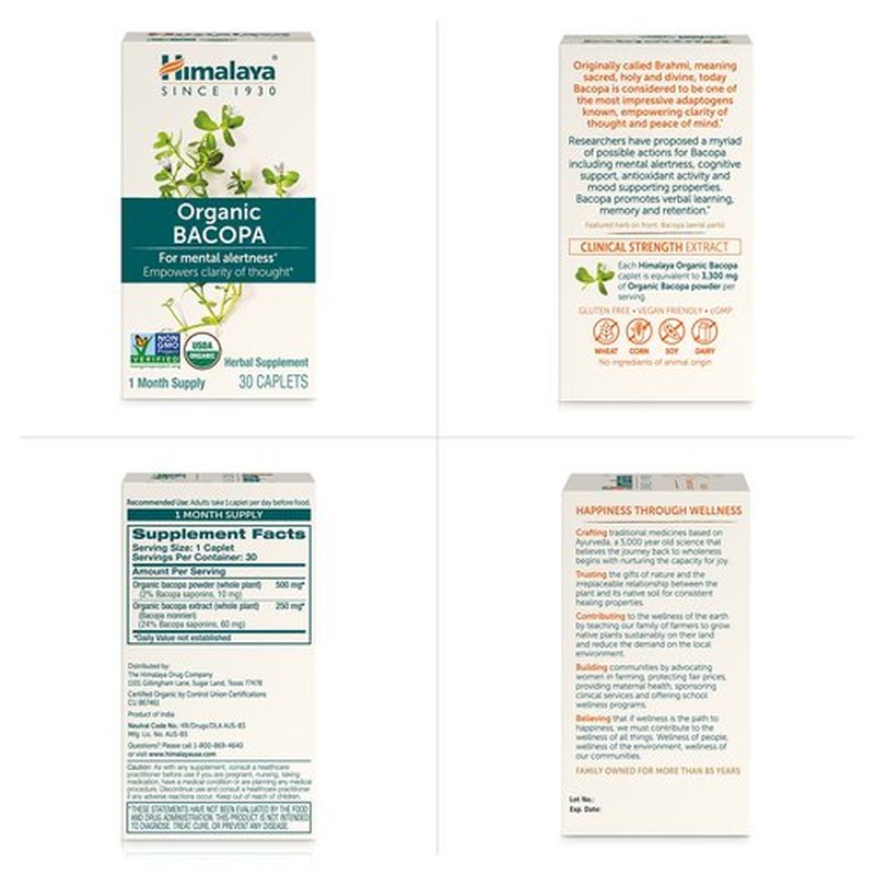 Himalaya Organic Bacopa Monnieri Nootropic Herbal Supplement, Mental Alertness, Supports Calm, Memory, Cognition, USDA Organic, Non-GMO, 750 mg, 60 Plant-Based Caplets, 2 Pack, 120 Day Supply