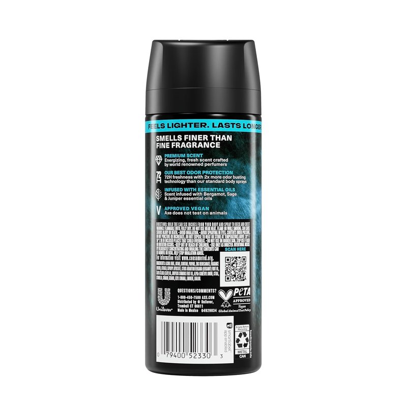 Axe Body Spray Aqua Bergamot - 72 Hour Freshness, Aluminum-Free, 2.9 oz