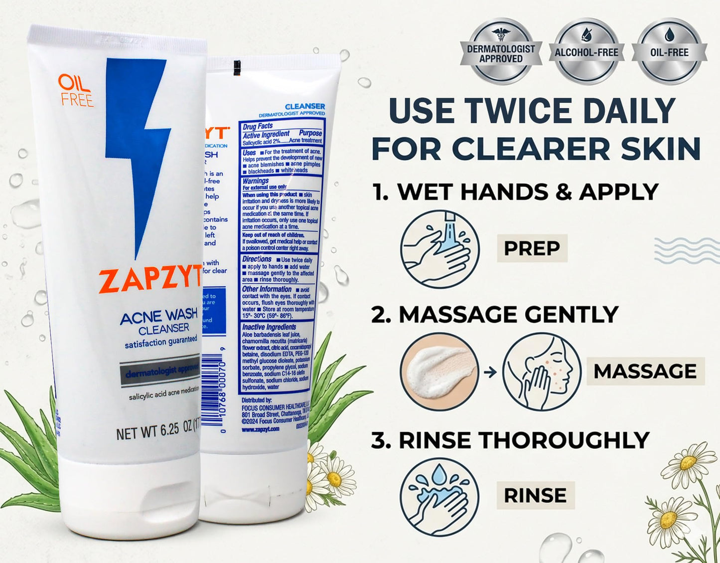ZAPZYT Acne Wash with Salicylic Acid 6.25 oz (Pack of 3)