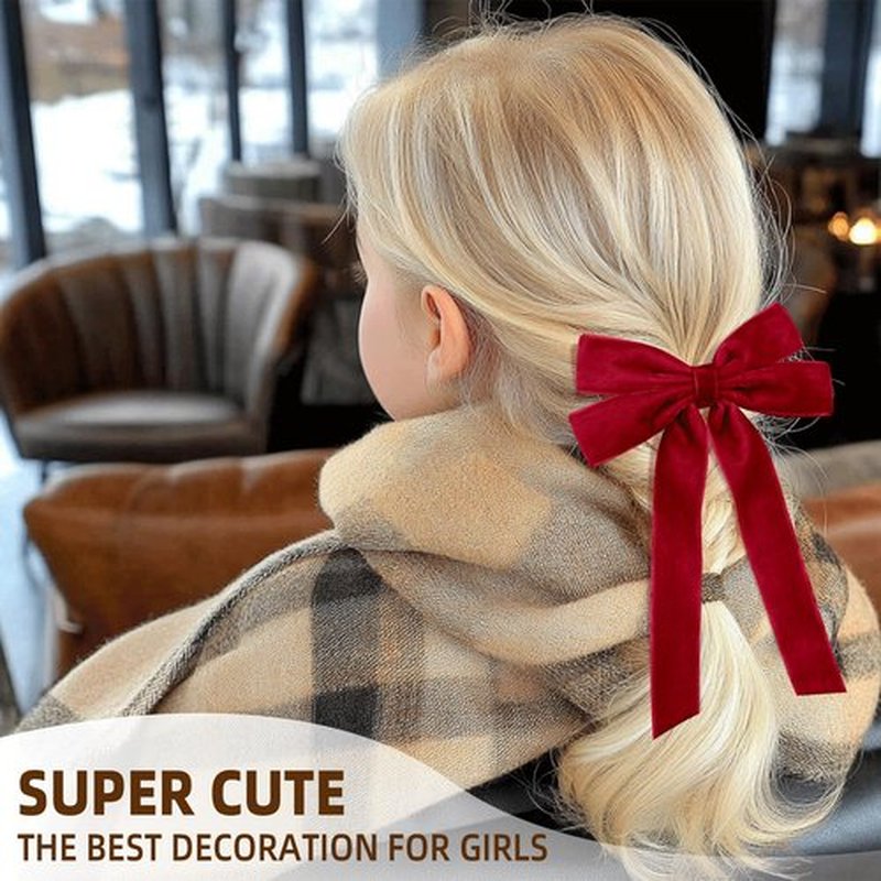 2PCS Red Hair Bows Soft Velvet Bow Hair Clip with Long Tail Hair Accessories for Women Girls Toddlers