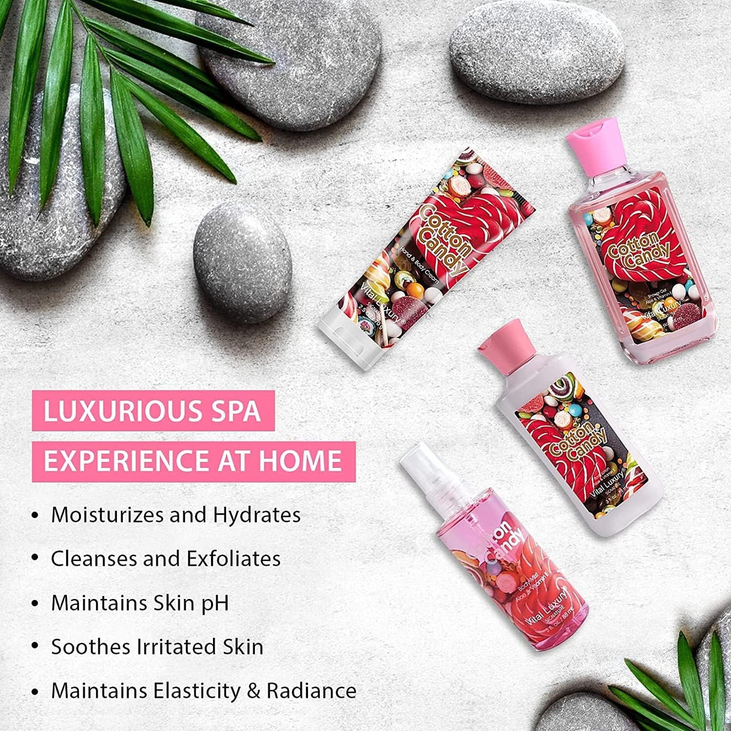 Vital Luxury Cotton Candy Bath and Body Gift Set - 4-Piece Travel Kit with Body Lotion, Shower Gel, Body Cream & Fragrance Mist (3 Fl Oz) - Natural Extracts, Personal Self Care Kit for Women/Men