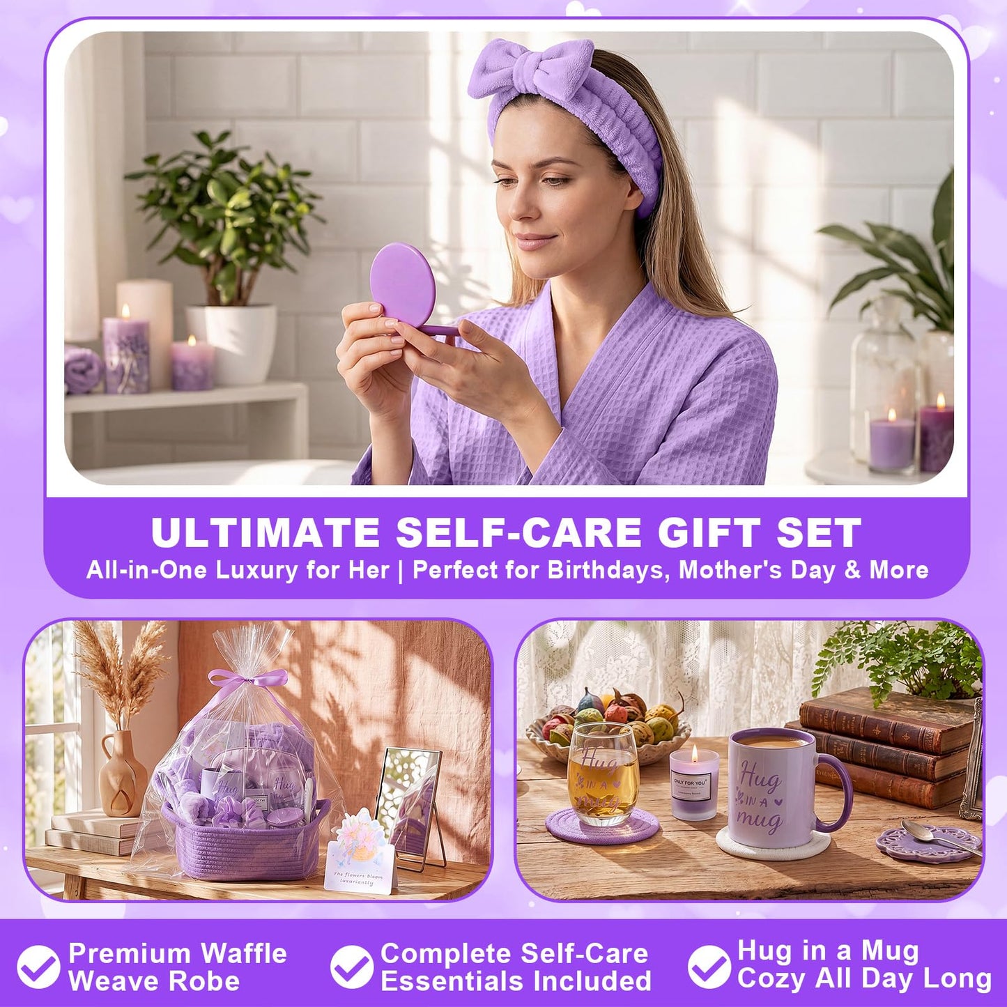 Afarnook 13 Pcs Birthday and Get Well Soon Gifts for Women Self Care Gifts Basket Spa Care Package with Robe Scented Candle for Her Mom Nurse Mother's Day(Purple)
