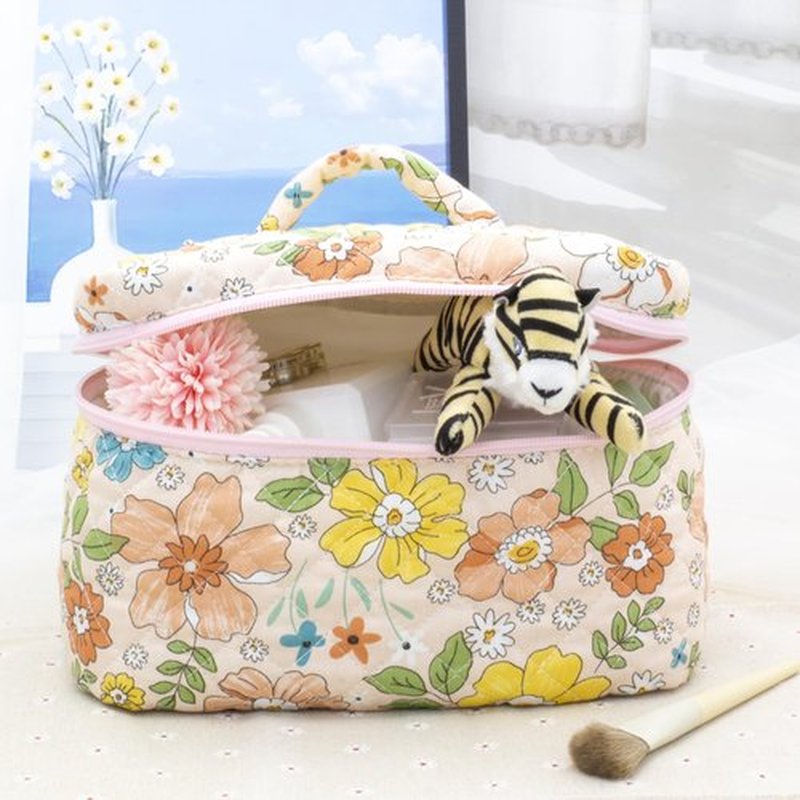 PAZIMIIK Cotton Makeup Bag for Women Large Quilted Travel Cosmetic Case Girls' Make Up Organizer,Floral Orange