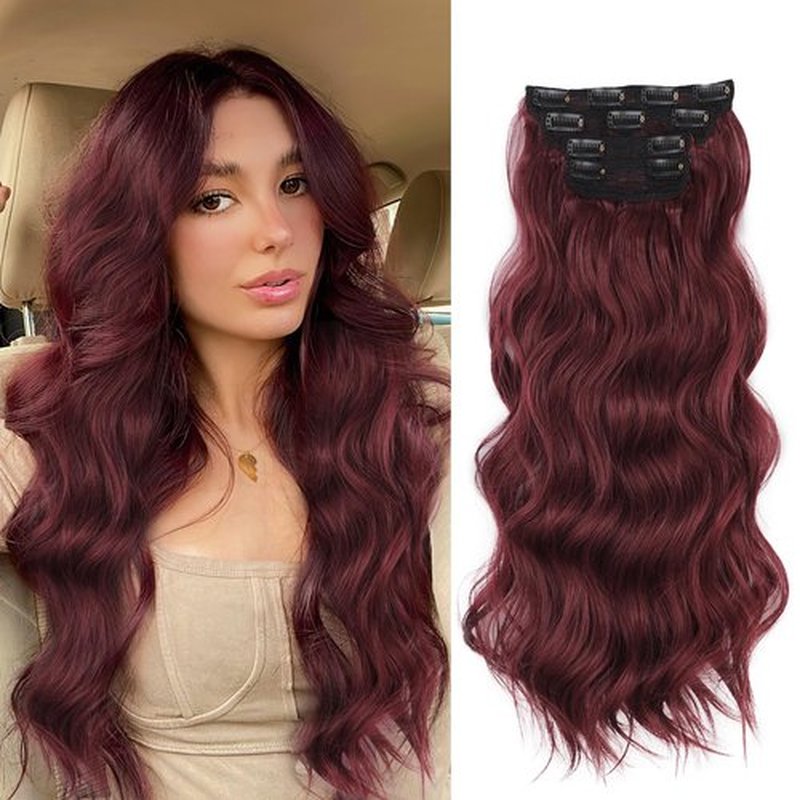 AISI BEAUTY Long Wavy Burgundy Hair Extensions Clip in Synthetic Hair Extensions for Women 20 Inch 4PCS Thick Hairpieces Fiber Hair Extensions(Burgundy)