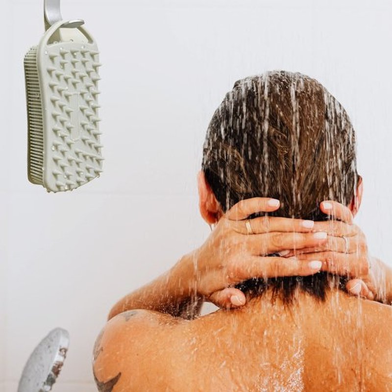 2 PC Silicone Exfoliating Body Scrubber, 2 in 1 Silicone Body Shampoo Brush, Soft Silicone Loofah for Sensitive Skin, Shower Silicone Hair Scalp Massager, Easy to Clean, Lather Well (Grey&Blue)