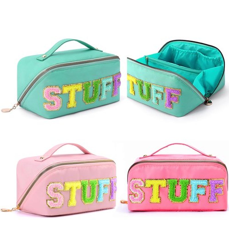 LONEDREAM 3Pcs Stoney Clover Preppy Makeup Bag, Stuff Bag Travel Makeup Cosmetic Bag, Chenille Letter Patch Open Flat Nylon Pouch, Mixed