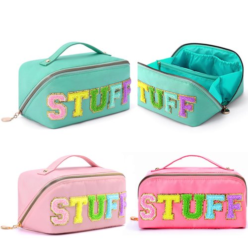 LONEDREAM 3Pcs Stoney Clover Preppy Makeup Bag, Stuff Bag Travel Makeup Cosmetic Bag, Chenille Letter Patch Open Flat Nylon Pouch, Mixed