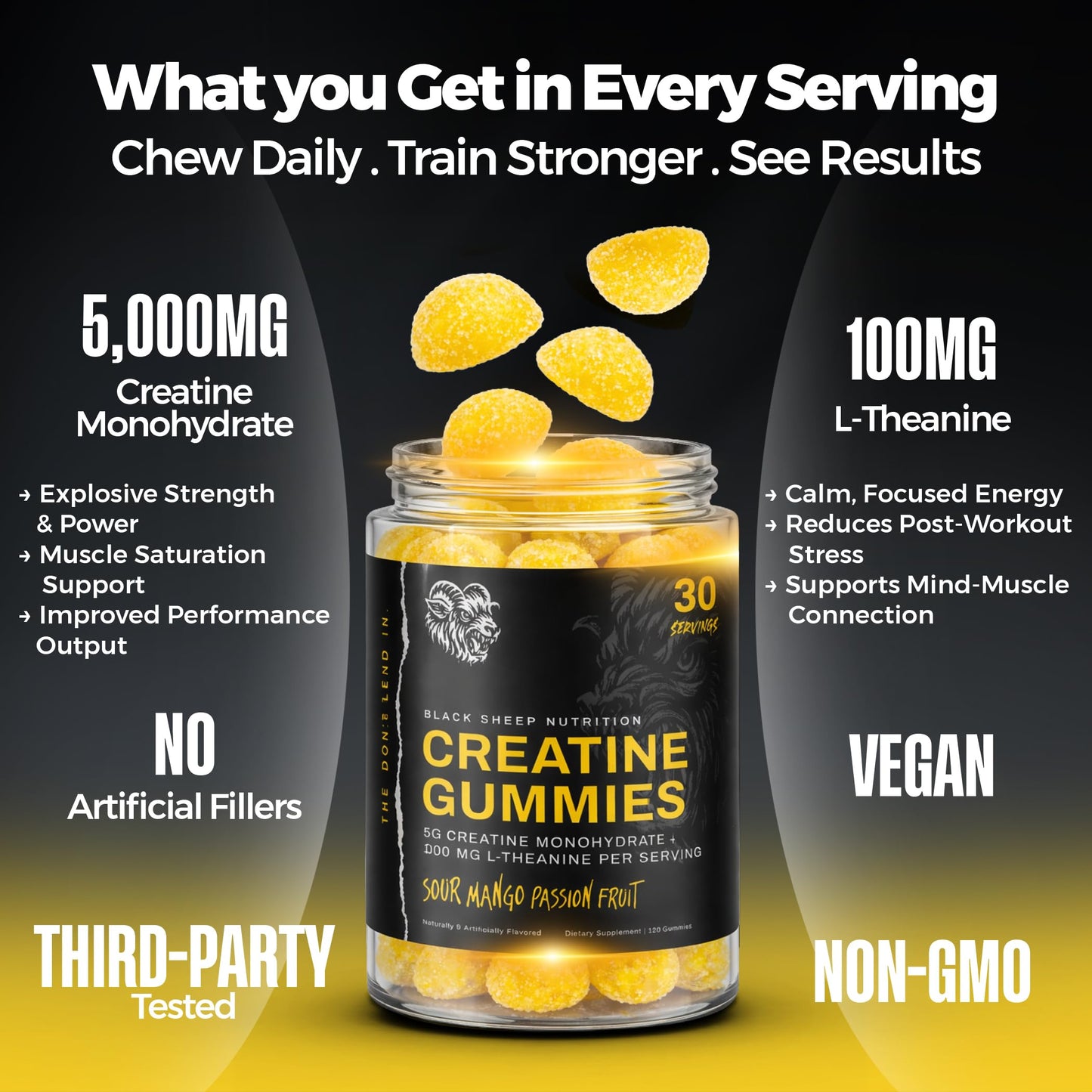 BLACK SHEEP NUTRITION Creatine Gummies, 5g of Creatine Monohydrate, L-Theanine, Non-GMO, Vegan - Build Muscle & Boost Recovery for Men & Women, Made in USA (30 Servings, Sour Mango Passionfruit)