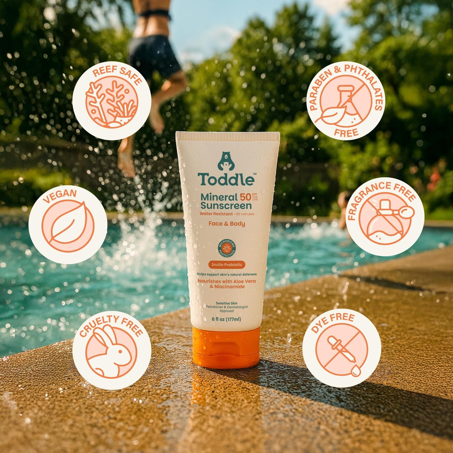Toddle Prebiotic Mineral Sunscreen SPF 50 for Kids & Baby, Face & Body Sun Protection, Reef Safe, Non-Toxic Zinc Oxide Broad Spectrum, Water-Resistant, No White Cast, Travel Size 3.4oz