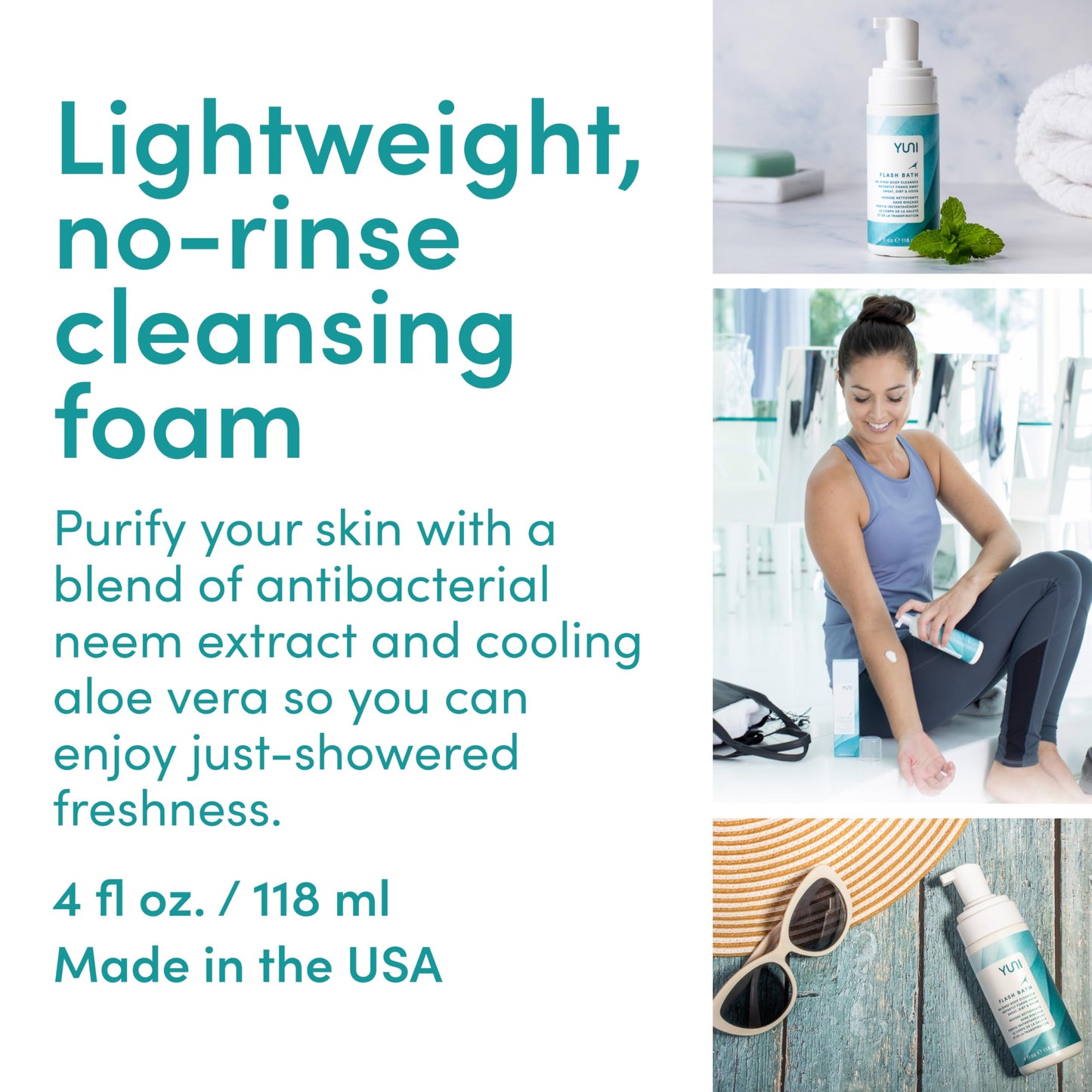 YUNI Beauty Waterless Body Wash (4 oz) - Rinse-Free Foaming Bath and Clean Body Wash Solution Instantly Remove Sweat, Dirt, Odor, Travel, Camping and Backpacking Essentials, Paraben-Free, Vegan