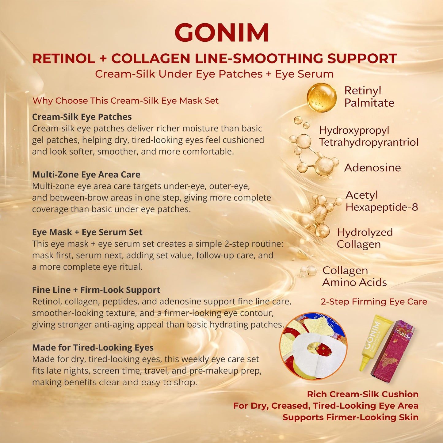 GONIM Under Eye Patches PDRN Eye Wrinkle Patches with Eye Serum, Retinol Collagen Eye Masks for Puffy Eyes and Dark Circles, Anti Aging Cream-Silk Texture Under Eye Mask, Gifts for Women 4 pcs