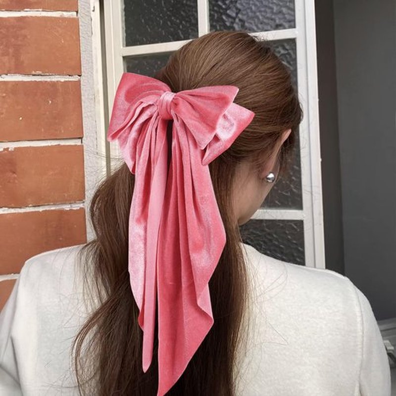 Pink Velvet Large Hair Bow Long Tail Bowknot Hair Barrette Clip 8.26 Inch Women Girls Fall Winter Ponytail Holder Hair Accessories