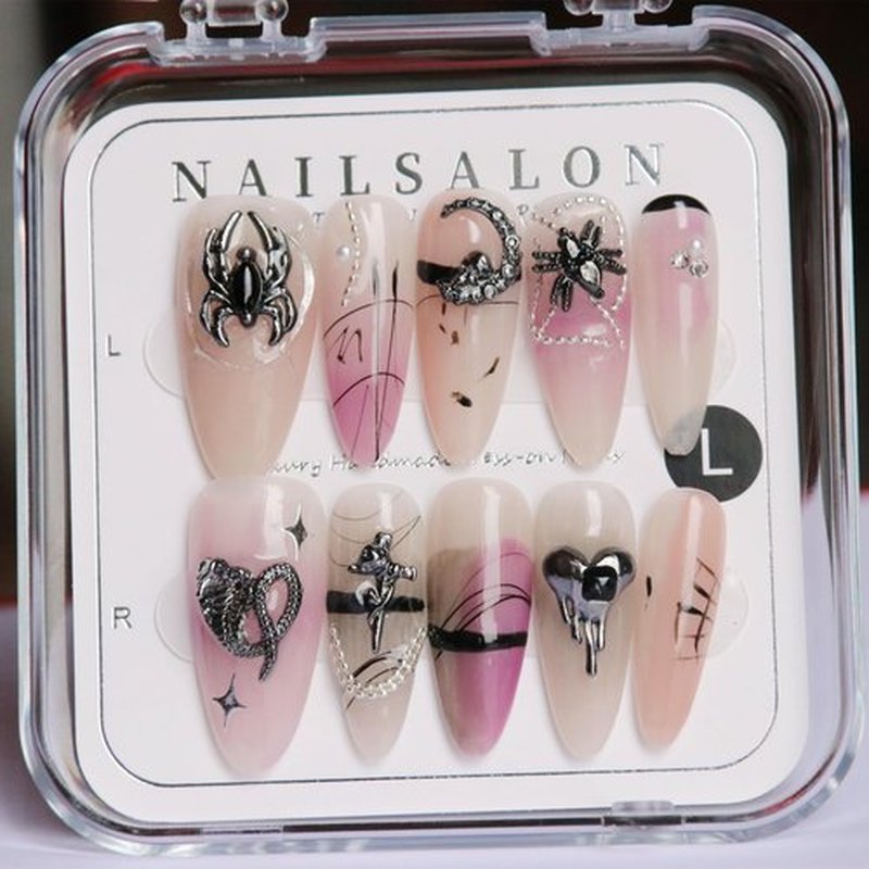 CAMILCY Handmade Nails Press on Almond Armor Long Pointed Purple Spider Design Hand Painted Reusable Gel UV Finished Pre Shaped False Nails for Women 10pcs 3D Handmade Nails (A016 L)