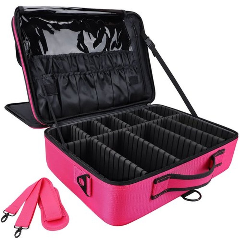 JOURMON Makeup Case Travel Makeup Train Case Organizer Cosmetic Bag Portable with Adjustable Dividers and Shoulder Strap for Makeup Brushes Toiletry Travel Accessories(Rose Red, L)