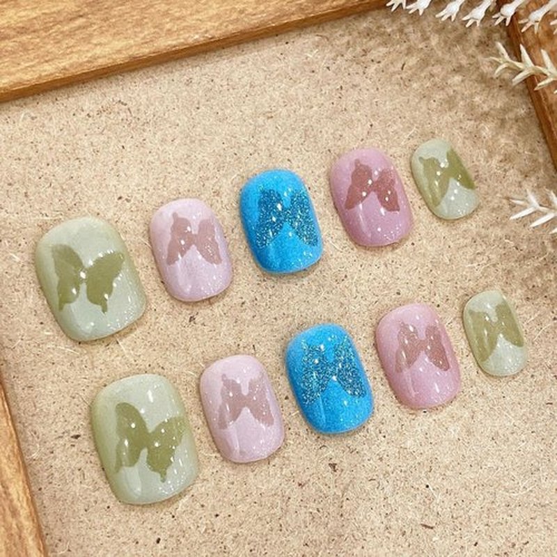 MNAFAYY 100% Handmade Nails Butterfly Color Press On Nails Short Full Cover Luxury Gorgeous Reusable UV Finished Fake False Nails Handpainted Acrylic Nail Kit With Box Gifts Women Mother's Day M