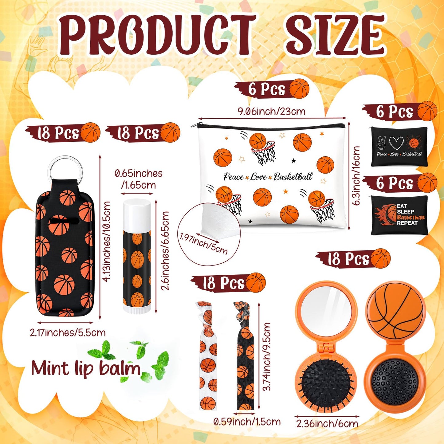 Teecyhooo 90 Pcs Basketball Gifts Basketball Party Favors for Team Include 18 Cosmetic Bag 18 Folding Hair Brush with Mirror 18 Hair Scrunchies 18 Lip Balm 18 Lipstick Holder Keychain(Orange,Classic)
