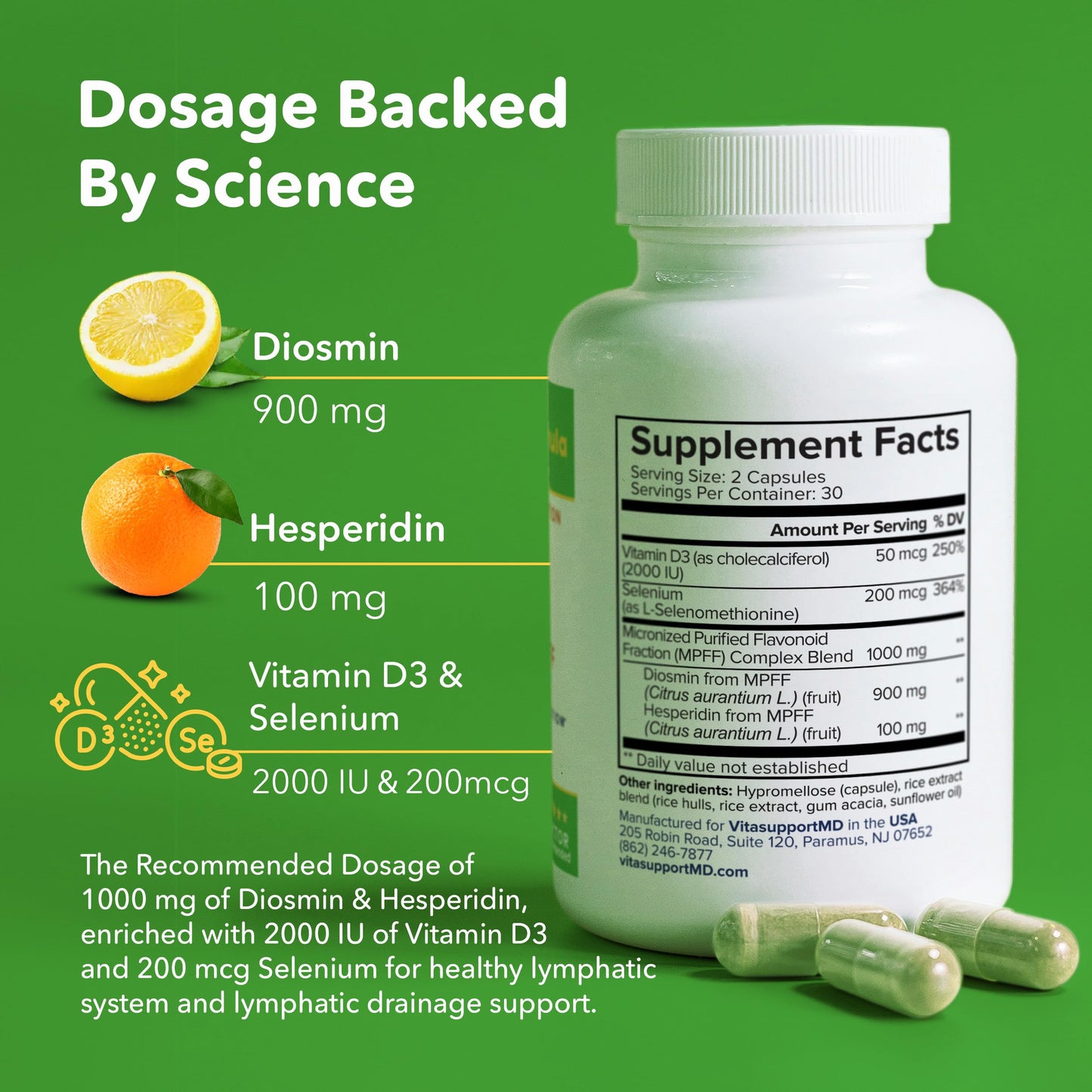 VITASUPPORTMD Lymphatic Formula, Diosmin Hesperidin 1000mg Lymphatic Drainage Supplement, Lymph System Detox, Selenium and Vitamin D3 for Immune Health, 60 Capsules