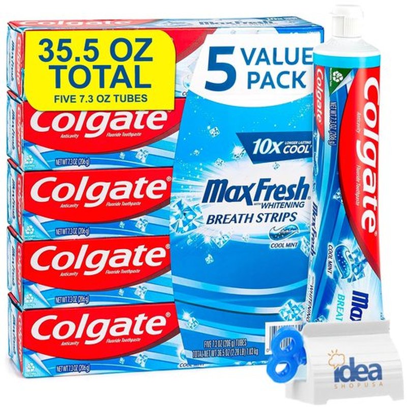 Max Fresh Toothpaste with Mini Breath Strips, Cool Mint - 5 Large Tubes of 7.3 oz (Total 36.5 oz) Fights Cavities, Whitens Teeth, Long-Lasting Freshness Bonus Idea Shop USA Toothpaste Squeezer