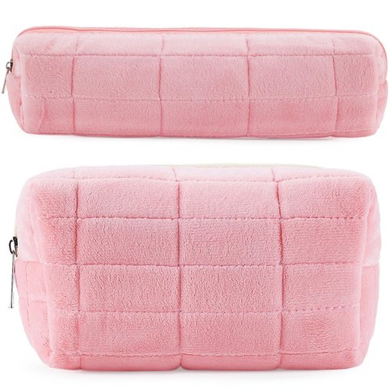 ZLFSRQ 2Pcs Makeup Bag for Women Pencil Pouch Travel Small Cosmetic Bag Set Cute Plush Pink Makeup Pouch Purse Pencil Case Pencil Bag Zippered Toiletry Bag Organizer Trendy Makeup Brushes Storage Bag