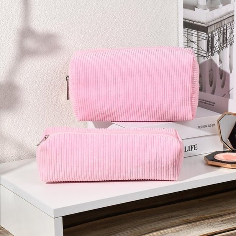 SOIDRAM Makeup Bag Corduroy Cosmetic Bag Cute Pink Makeup Pouch 1Pcs Large Capacity Makeup Bags and 1Pcs Makeup Brushes Storage Bag Travel Toiletry Bag Organizer