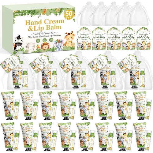 50 Pack Bulk Hand Cream and Bulk Lip Balm Gifts Sets, Baby Shower Favors and Bridal Shower Favors for Guests with Thank You Card and Organza Gift Bags, Birthday Gifts, Stocking Stuffers (Animal)