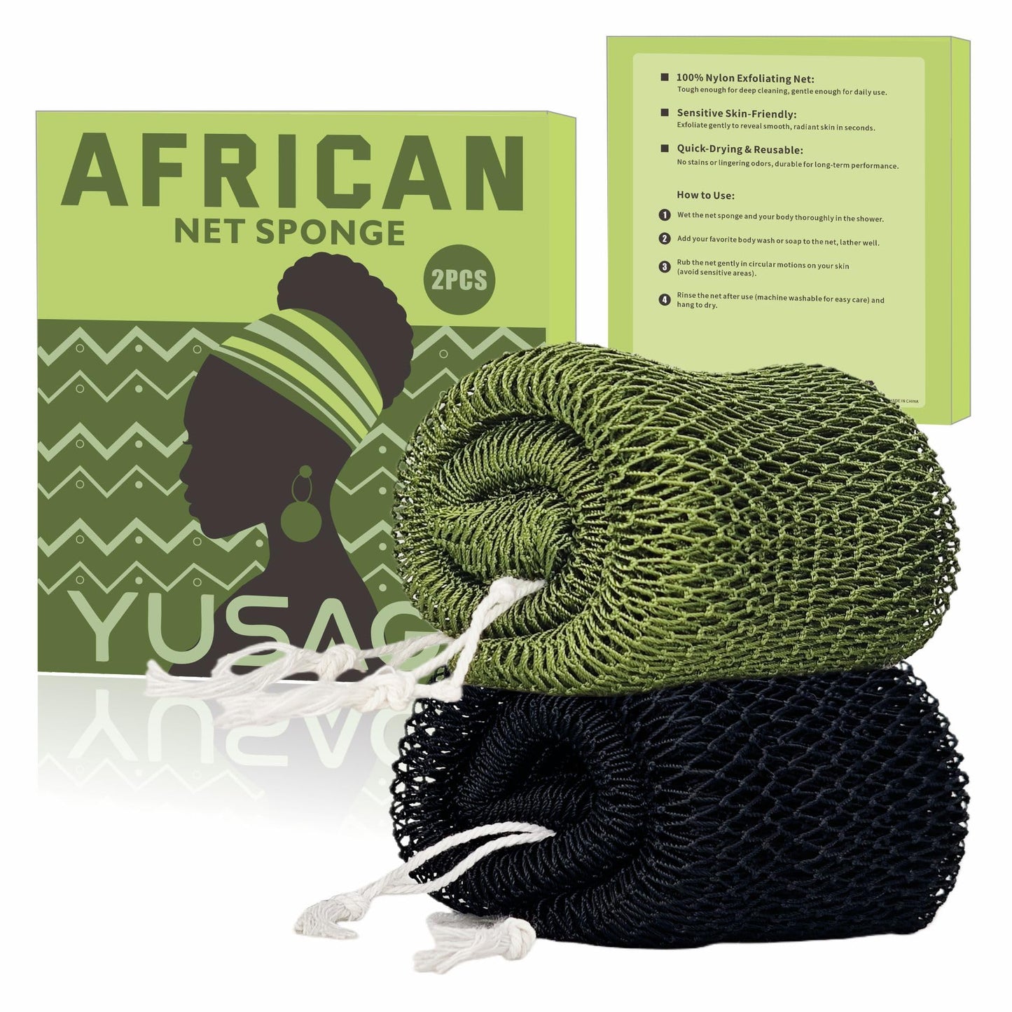 YUSAGO African Net Sponge Authentic,2 Pack Shower Loofah Exfoliating Body Scrubber, Stretchable Bath Sponge for Back Hard-to-Reach Areas, Long-Lasting Exfoliating Washcloth for Women (Black & Green)