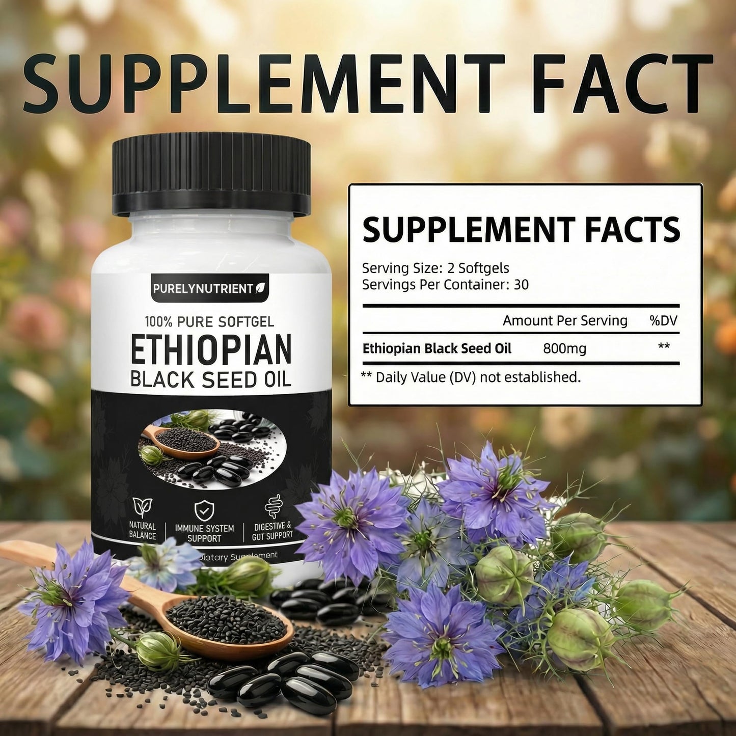 Ethiopian Black Seed Oil, Purely Nutrient Aceite De Semilla Negra Etiope Capsules with Thymoquinone, Organic Cold-Pressed, 60 Softgels
